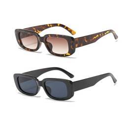 YAMEIZE Rectangle Sunglasses for Women Men 2 Pack 90’s Vintage Driving Square Small Glasses UV400 Protection (Black+Leopard) von YAMEIZE