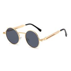 YAMEIZE Sonnenbrille Damen Sport Runde Steampunk-Retro Vintage mit UV400 Schutz Metallrahmen Brille Fahren Herren Gold Grau von YAMEIZE