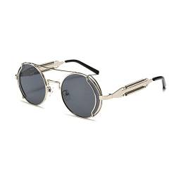 YAMEIZE Sonnenbrille Damen Vintage Runde Steampunk-mit UV400 Schutz Metallrahmen Brille Fahren für Herren Silberner Rahmen Grau von YAMEIZE