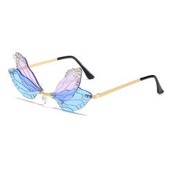 YAMEIZE Trendy Dragonfly Schmetterling Rahmenlos Sonnenbrille - für Damen Herren UV400 Schutz Randlos Dragonfly Metall Frame Brille Party von YAMEIZE