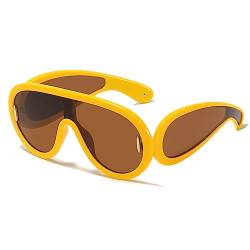 YAMEIZE Wrap Around Cool Sonnenbrille Herren Damen Vintage Retro Y2k Rave Übergroß Futuristisch Punk Sonnenbrille Gelb Braun von YAMEIZE