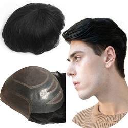 Echthaar Toupet für Männer,Yanahair Glattes Haar dünne französische Spitze gebleicht Knoten natürlichen Haaransatz Poly Haut Perücken Haarsystem Europäische Perücke Mann(10x8",#1B Natürliche schwarz) von YANAHAIR