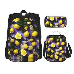 Lemon Zest Rucksack mit gelben Streifen, 3-teiliges Set, Reisen, Wandern, leicht, Laptop-Federmäppchen, isolierte Lunchtasche für Damen, Zitrone und Blumen, Einheitsgröße von YANDM