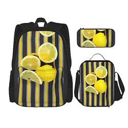 Lemon Zest Rucksack mit gelben Streifen, 3-teiliges Set, Reisen, Wandern, leicht, Laptop-Federmäppchen, isolierte Lunchtasche für Damen, Zitronenschale, gelbe Streifen, Einheitsgröße von YANDM