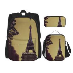 YANDM Eiffelturm Paris Rucksack, 3-teiliges Set, Reisen, Wandern, leicht, Laptop-Federmäppchen, isolierte Lunchtasche für Damen, eiffelturm - paris, Einheitsgröße von YANDM