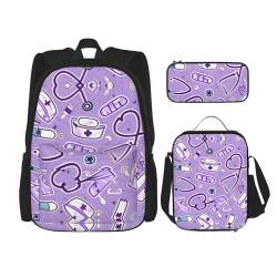 YANDM Octopus Rucksack, Violett, 3-teiliges Set, Reisen, Wandern, leicht, Laptop-Federmäppchen, isolierte Lunchtasche für Damen, Krankenschwester-Muster, Violett, Einheitsgröße von YANDM