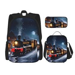 YANDM Rucksack mit Holzmaserung, 3-teiliges Set, Reisen, Wandern, leicht, Laptop-Federmäppchen, isolierte Lunchtasche für Damen, Winter Weihnachten Schnee Nacht Eisenbahn Zug, Einheitsgröße von YANDM