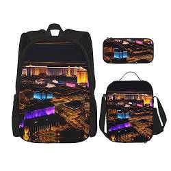 YANDM Rucksack mit Lavendel-Stempel, 3-teiliges Set, Reisen, Wandern, leicht, Laptop-Federmäppchen, isolierte Lunchtasche für Damen, Las Vegas Nachtansicht, Einheitsgröße von YANDM