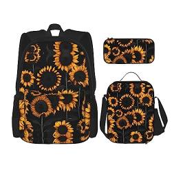 YANDM Rucksack mit Sonnenblumenmuster, 3-teiliges Set, Reisen, Wandern, leicht, Laptop-Federmäppchen, isolierte Lunchtasche für Damen, Blühende Sonnenblumen, Einheitsgröße von YANDM