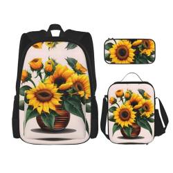 YANDM Rucksack mit Sonnenblumenmuster, 3-teiliges Set, Reisen, Wandern, leicht, Laptop-Federmäppchen, isolierte Lunchtasche für Damen, Sonnenblume und Rose., Einheitsgröße von YANDM