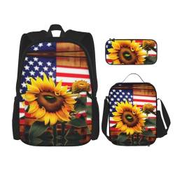 YANDM Rucksack mit Sonnenblumenmuster, 3-teiliges Set, Reisen, Wandern, leicht, Laptop-Federmäppchen, isolierte Lunchtasche für Damen, Sonnenblume und amerikanische Flagge, Einheitsgröße von YANDM
