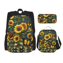 YANDM Rucksack mit Sonnenblumenmuster, 3-teiliges Set, Reisen, Wandern, leicht, Laptop-Federmäppchen, isolierte Lunchtasche für Damen, Sonnenblumen, Schmetterlinge, Einheitsgröße von YANDM