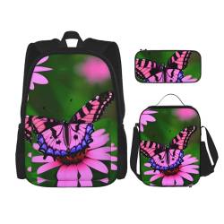 YANDM Rucksack mit Tier-Leopardenmuster, 3-teiliges Set, Reisen, Wandern, leicht, Laptop-Federmäppchen, isolierte Lunchtasche für Damen, Pink Flower Purple Butterfly, Einheitsgröße von YANDM
