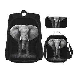 YANDM Rucksack mit Weihnachtsglocken, 3-teiliges Set, Reisen, Wandern, leicht, Laptop-Federmäppchen, isolierte Lunchtasche für Damen, Grauer 3D-Elefant, Einheitsgröße, Modern von YANDM