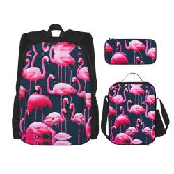 YANDM Rucksack mit rosa und weißen Blumen, 3-teiliges Set, Reisen, Wandern, leicht, Laptop-Federmäppchen, isolierte Lunchtasche für Damen, Pink Flamingos, Einheitsgröße von YANDM