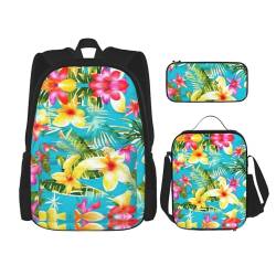 YANDM Sommer-Sonnenblumen-Rucksack, 3-teiliges Set, Reisen, Wandern, leicht, Laptop-Federmäppchen, isolierte Lunchtasche für Damen, Hawaiianischer Sommer-Stil, Einheitsgröße von YANDM