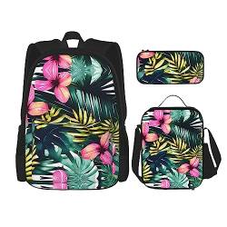 YANDM Twister Rucksack mit Punkten, 3-teiliges Set, Reisen, Wandern, leicht, Laptop-Federmäppchen, isolierte Lunchtasche für Damen, Tropische Sommer-Hawaii-Blume, Palmenblätter, Einheitsgröße von YANDM