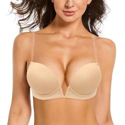 YANDW Damen Tief V-Ausschnitt Gepolstert Push up BH Convertible Plunge mit transparenten Trägern Add 2 Cup BHS Nude,85B von YANDW