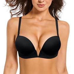 YANDW Damen Tief V-Ausschnitt Gepolstert Push up BH Convertible Plunge mit transparenten Trägern Add 2 Cup BHS Schwarz,90D von YANDW