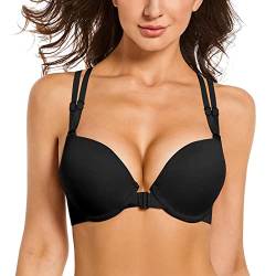 YANDW Nahtloser Vorderverschluss BH Criss Cross Rücken Racerback Add 2 Cup Gepolsterter Push Up BHS Schwarz，40B von YANDW