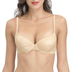 YANDW Push Up BH für Damen Demi Cup Gepolsterte Bügel Unterstützend Größe hinzufügen BHS Spitze Everyday Comfort Nude 80B von YANDW