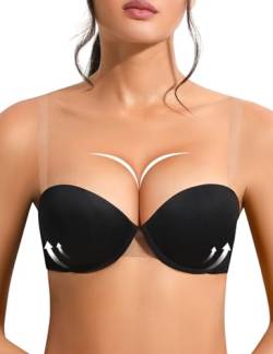 YANDW Push Up Trägerloser BH Multiway Super Gepolsterter Add 2 Cup Unterstützung mit Transparenten Trägern Bügel Spitze Demi BHS Schwarz 36D von YANDW