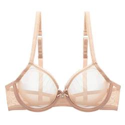 YANDW Sexy Durchsichtiger Nicht-Wattierter BHS Ungefüttert Bügel Spitze Mesh Ultra Dünner transparenter Bralette Beige, 100D von YANDW