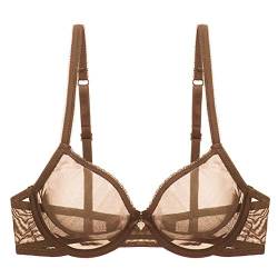 YANDW Sexy Durchsichtiger Nicht-Wattierter BHS Ungefüttert Bügel Spitze Mesh Ultra Dünner transparenter Bralette Kaffee, 85C Kaffee von YANDW