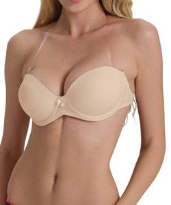 YANDW Trägerloser BH mit Klarer Rücken Unsichtbarem Trägern Push-Up Gepolsterter Bügel rückenfreier Halfter BHS Beige,75C von YANDW