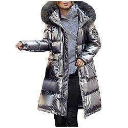 Mäntel Lange Jacken Mit Kapuze Oberbekleidung Frauen Tasche Mit Baumwolle Gefütterter Mode Damenmantel Damen Mantel Winter Blau (Silver, XL) von YANFJHV