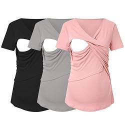 Umstands-T-Shirt für Damen, lässig, kurzärmlig, mit V-Ausschnitt, Basic-Still-T-Shirt, Top zum Stillen, 3er-Pack Weißes Oberteil Damen Langarm (Pink, XL) von YANFJHV