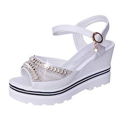 YANFJHV Sandalen Mit Keilabsatz Damen Glitzer - Plateau Sandaletten Elegant Keilsandaletten mit Strass Sommersandalen Plateaupumps Offener Zeh Atmungsaktiv Flache Sandalen Abendschuhe von YANFJHV