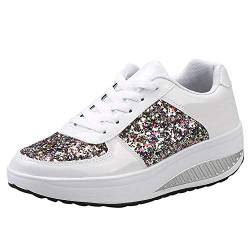 YANFJHV Sneaker Plateau Damen Weiß Elegant, Turnschuhe Laufschuhe Glitzer mit Keilabsatz Freizeitschuhe Walkingschuhe Casual rutschfest Schaukelschuhe Arbeitsschuhe Flache Sportschuhe von YANFJHV