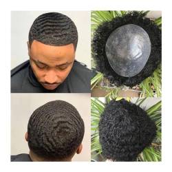 Männer Toupet #1B Jet Black Color Afro Kinky Curly Herren-Toupet for Afroamerikaner, Haarteil, 100% Echthaar, 10 x 8 Zoll, Ersatzperücke Haarteil für Männer von YANGKUI518