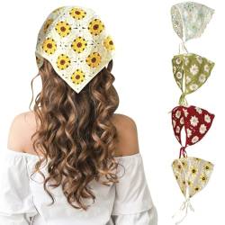 4 Stück Häkelhaarbandana, Gänseblümchen, Blumen-Haarschal, Boho-Kopftuch, Vintage-Stirnbänder, Dreieck-Haarband, handgefertigt, Haarschmuck für Mädchen und Frauen von YANGSHINE