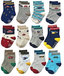 YANWANG 12 Paar Kleinkind Jungen Rutschfeste Socken Nette Baumwolle mit Griffen, Baby Jungen Mädchen Anti-Rutsch-Socken(1#Auto,0-12 Monate) von YANWANG