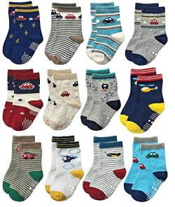 YANWANG 12 Paar Kleinkind Jungen Rutschfeste Socken Nette Baumwolle mit Griffen, Baby Jungen Mädchen Anti-Rutsch-Socken(1#Auto,3-5 Jahre) von YANWANG