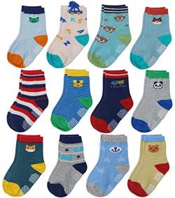 YANWANG 12 Paar Kleinkind Jungen Rutschfeste Socken Nette Baumwolle mit Griffen, Baby Jungen Mädchen Anti-Rutsch-Socken(2#Tier,0-12 Monate) von YANWANG