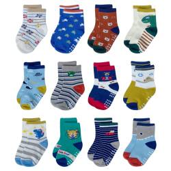 YANWANG 12 Paar Kleinkind Jungen Rutschfeste Socken Nette Baumwolle mit Griffen, Baby Jungen Mädchen Anti-Rutsch-Socken(7#Dinosaurier,1-3 Jahre) von YANWANG