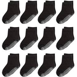 YANWANG 12 Paar Kleinkind Jungen Rutschfeste Socken Nette Baumwolle mit Griffen, Baby Jungen Mädchen Anti-Rutsch-Socken(9#Schwarz,0-12 Monate) von YANWANG