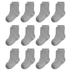 YANWANG 12 Paar Kleinkind Jungen Rutschfeste Socken Nette Baumwolle mit Griffen, Baby Jungen Mädchen Anti-Rutsch-Socken(Grey—12 Paar,0-12 Monate) von YANWANG