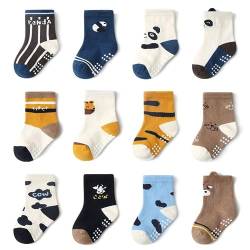 YANWANG 12 Paar Kleinkind Jungen Rutschfeste Socken Nette Baumwolle mit Griffen, Baby Jungen Mädchen Anti-Rutsch-Socken（KB165-panda，3-5 Jahre von YANWANG