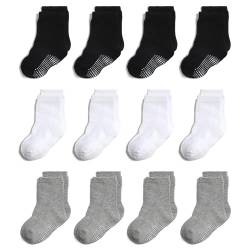 YANWANG 12 Paar Kleinkind Jungen Rutschfeste Socken Nette Baumwolle mit Griffen, Baby Jungen Mädchen Anti-Rutsch-Socken(White&Black&Grey—12 Paar,3-5 Jahre) von YANWANG