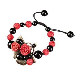 YANYUESHOP Zinnober-Blumen-Armband mit Wohlstandssymbol für Frauen, verstellbares Seil, Glücksperlen-Ketten-Charm-Armband für Mädchen und Freundinnen, Zinnober von YANYUESHOP