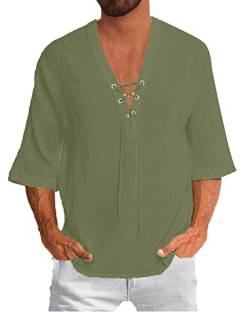 YAOBAOLE 3/4 Leinen Hemden Herren Langarm Regular Fit Leinenhemden Herren Slim Fit Armee grün XL von YAOBAOLE