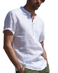 YAOBAOLE Businesshemd Sommer Slim Fit Stehkragen Freizeithemd Urlaubsshirt Weiß 3XL von YAOBAOLE