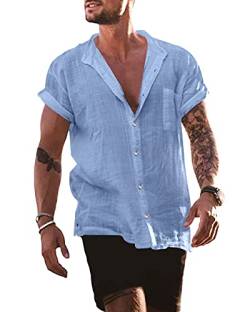 YAOBAOLE Hemd Herren Kurzarm Sommerhemd Herren Freizeithemd Leinenhemd Regular Fit Men Shirts Hellblau L von YAOBAOLE