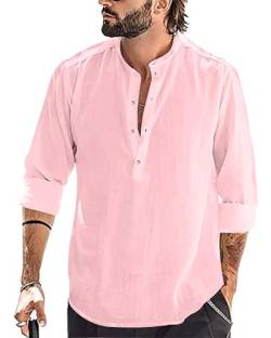 YAOBAOLE Hemd Herren Langarm Regular Fit Henley Sommerhemd Herren Freizeithemd Herren Slim Fit Pink 3XL von YAOBAOLE