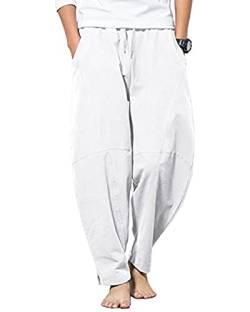 YAOBAOLE Herren Casual Hosen Leinen Herren Baggy Haremshose Leinen Freizeithose Herren Weiß 3XL von YAOBAOLE