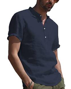 YAOBAOLE Herren Kurzarm Freizeithemd Businesshemd V-Ausschnitt Basic Mens Shirt Marine 2XL von YAOBAOLE